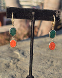 14k gold estate carved carnelian & green onyx scarab estate earrings
