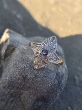 18ct gold & platinum top two tone Deco estate sapphire and diamond navete ring