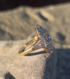 18ct gold & platinum top two tone Deco estate sapphire and diamond navete ring