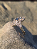 18ct gold & platinum top two tone Deco estate sapphire and diamond navete ring