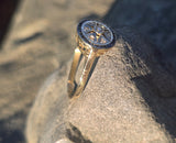 18k gold & platinum top two tone Deco estate sapphire and diamond target ring