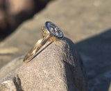 18k gold & platinum top two tone Deco estate sapphire and diamond target ring