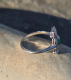 platinum Art Deco c.1920's emerald & diamond estate filigree glove shield ring