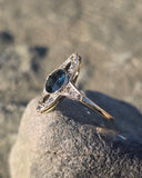 18ct gold & platinum top two tone Deco estate greenish blue sapphire and diamond antique ring