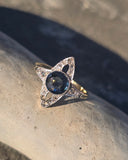 18ct gold & platinum top two tone Deco estate greenish blue sapphire and diamond antique ring