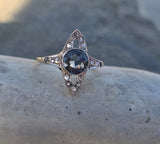 18ct gold & platinum top two tone Deco estate greenish blue sapphire and diamond antique ring