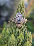 18ct gold & platinum top two tone Deco estate sapphire and diamond navete ring