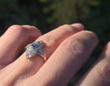 18ct gold & platinum top two tone Deco estate sapphire and diamond navete ring
