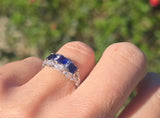 platinum blue sapphire and diamond filigree antique ring