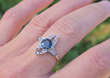 18ct gold & platinum top two tone Deco estate greenish blue sapphire and diamond antique ring