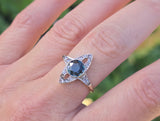 18ct gold & platinum top two tone Deco estate greenish blue sapphire and diamond antique ring
