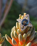 18ct gold & platinum top two tone Deco estate greenish blue sapphire and diamond antique ring