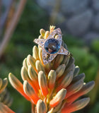 18ct gold & platinum top two tone Deco estate greenish blue sapphire and diamond antique ring