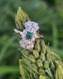platinum Art Deco c.1920's emerald & diamond estate filigree glove shield ring