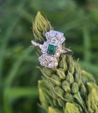 platinum Art Deco c.1920's emerald & diamond estate filigree glove shield ring