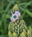 platinum Art Deco c.1920's emerald & diamond estate filigree glove shield ring
