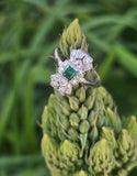 platinum Art Deco c.1920's emerald & diamond estate filigree glove shield ring