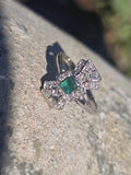 platinum Art Deco c.1920's emerald & diamond estate filigree glove shield ring