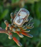 14k white gold c.1920's filigree carved shell cameo, diamond & camphor estate FLIP ring