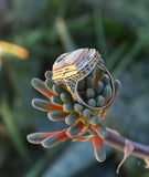 14k white gold c.1920's filigree carved shell cameo, diamond & camphor estate FLIP ring