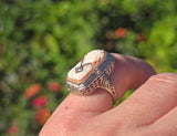 14k white gold c.1920's filigree carved shell cameo, diamond & camphor estate FLIP ring