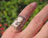 14k white gold c.1920's filigree carved shell cameo, diamond & camphor estate FLIP ring