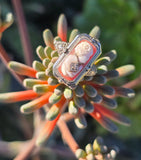 14k white gold c.1920's filigree carved shell cameo, diamond & created ruby estate FLIP ring HOLD