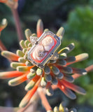 14k white gold c.1920's filigree carved shell cameo, diamond & created ruby estate FLIP ring HOLD