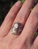 14k white gold c.1920's filigree carved shell cameo, diamond & created ruby estate FLIP ring HOLD