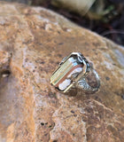 14k white gold c.1920's filigree carved shell cameo, diamond & created ruby estate FLIP ring HOLD