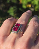 14k white gold c.1920's filigree carved shell cameo, diamond & created ruby estate FLIP ring HOLD