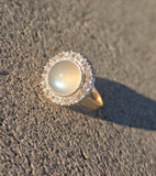 18ct gold moonstone & mine cut diamond antique halo ring