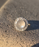 18ct gold moonstone & mine cut diamond antique halo ring
