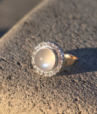 18ct gold moonstone & mine cut diamond antique halo ring