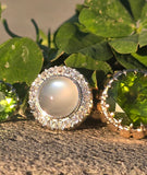 18ct gold moonstone & mine cut diamond antique halo ring