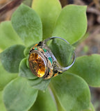 18k white gold c.1920's Art Deco filigree citrine & enamel ring