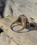 18k white gold c.1920's Art Deco filigree citrine & enamel ring