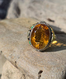 18k white gold c.1920's Art Deco filigree citrine & enamel ring