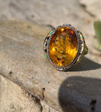 18k white gold c.1920's Art Deco filigree citrine & enamel ring