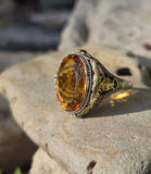 18k white gold c.1920's Art Deco filigree citrine & enamel ring