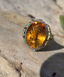 18k white gold c.1920's Art Deco filigree citrine & enamel ring