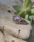18k white gold diamond & ruby heart vintage filigree ring