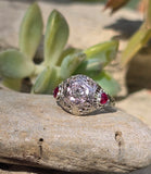 18k white gold diamond & ruby heart vintage filigree ring