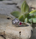 18k white gold diamond & ruby heart vintage filigree ring