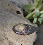 18k white gold diamond & ruby heart vintage filigree ring