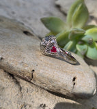 18k white gold diamond & ruby heart vintage filigree ring