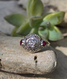 18k white gold diamond & ruby heart vintage filigree ring