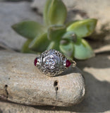 18k white gold diamond & ruby heart vintage filigree ring