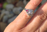 18k white gold diamond & ruby heart vintage filigree ring