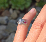 18k white gold diamond & ruby heart vintage filigree ring